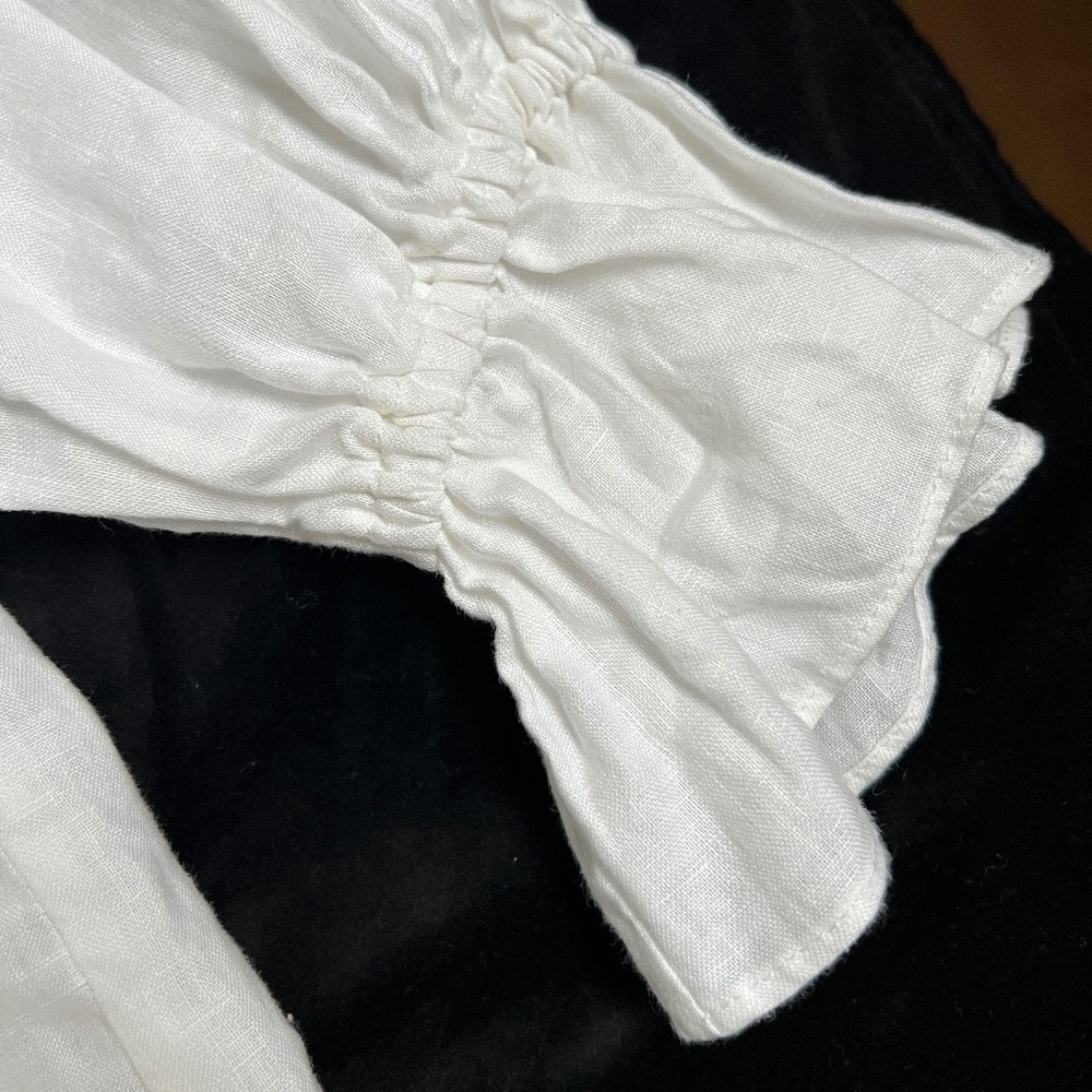 Arlington Milne Blouse L White Neck Ruffle Long Sleeve Australia Linen Blend - Picture 4 of 8